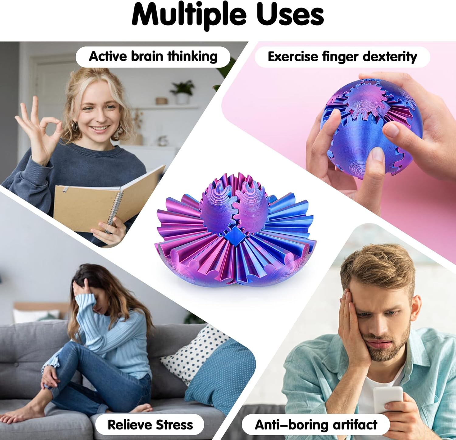 Gear Ball 3D Printed Cube Fidget Toy,Gear Sphere Fidget Toys,Sensory Toys for Stress and Anxiety Relief, Desk Toy Fidget Spinners,Stocking Stuffers for Adults & Kids Gift(Purple Blue, 3.1 Inch)