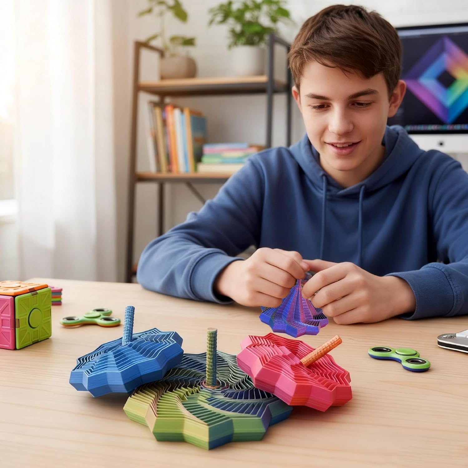3D Printed Expanded Sensory Fidget Star, Fractal Fidget Toys with Handle, Hexagon Design for Office Desks As a Stress-Relief (S, Red-Blue Gradient)