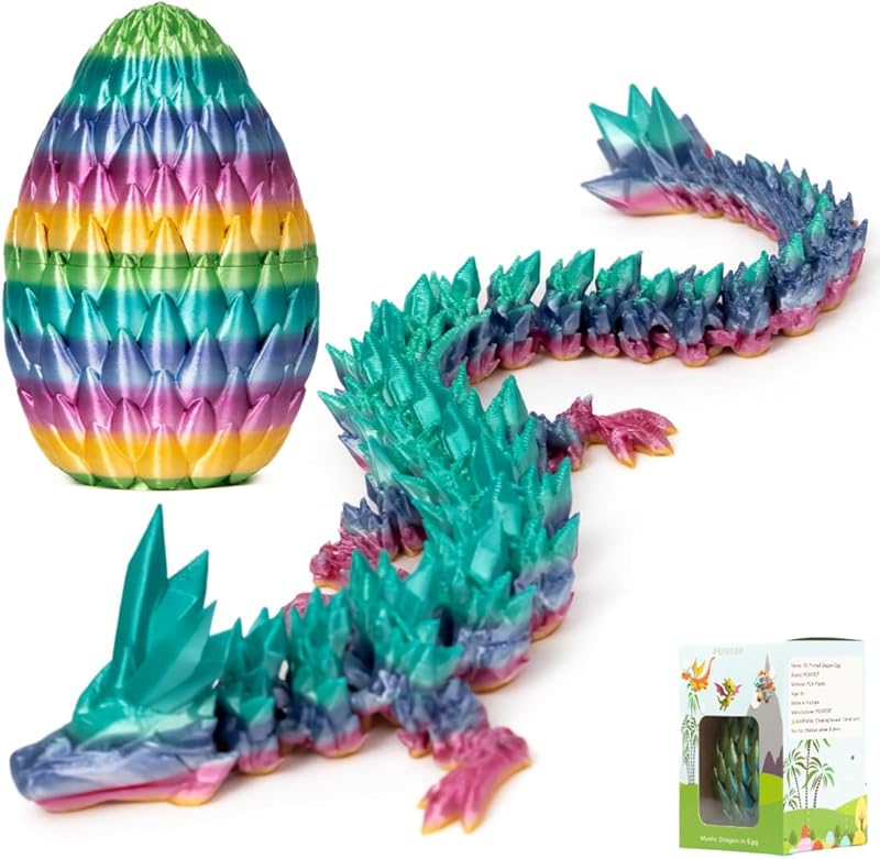 3D Printed 12” Articulated Crystal Dragon Inside 5.1” Egg – Fantasy Collectible, Fidget Toy & Stocking Easter Basket Stuffers for Home & Office Decor (Multicolor).