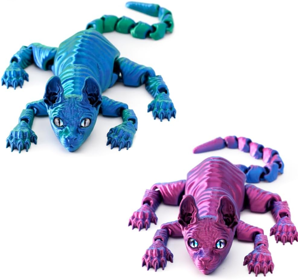 2PCS 3D Printed Sphynx Cat,Cat Figurine,Desk Toy, 3D Cat,Articulated Cats, Office Toy,Home Decor,Gift (Blue+Purple)