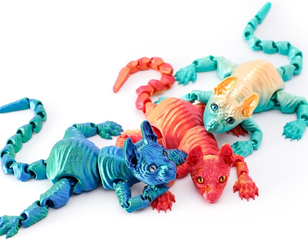 2PCS 3D Printed Sphynx Cat,Cat Figurine,Desk Toy, 3D Cat,Articulated Cats, Office Toy,Home Decor,Gift (Blue+Purple)