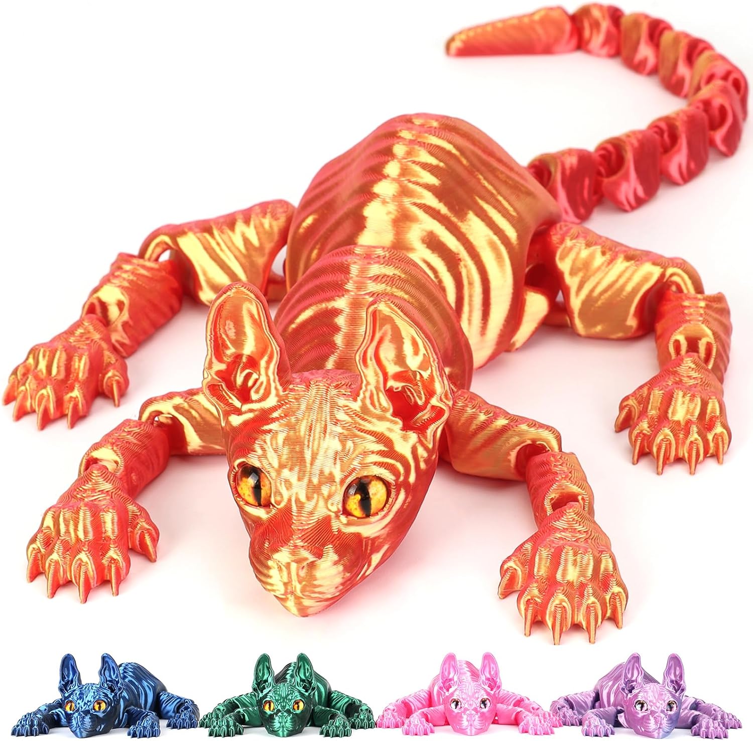 3D Printed Sphynx Cat, 12 Inch Realistic Hairless Cat,3D Printed Animals with Flexible Articulated Joints, Fidget Toy Adults for Stress Relief, Home Office Decor Desk Toys (Laser Red)