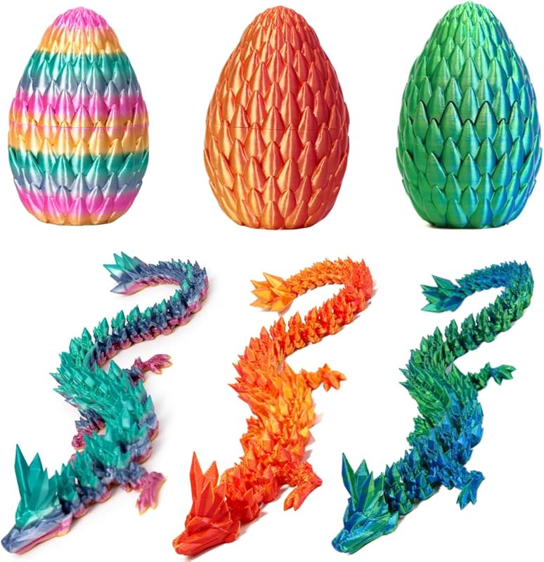3D Printed 12” Articulated Crystal Dragon Inside 5.1” Egg – Fantasy Collectible, Fidget Toy & Stocking Easter Basket Stuffers for Home & Office Decor (Multicolor).