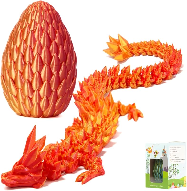 3D Printed 12” Articulated Crystal Dragon Inside 5.1” Egg – Fantasy Collectible, Fidget Toy & Stocking Easter Basket Stuffers for Home & Office Decor (Multicolor).