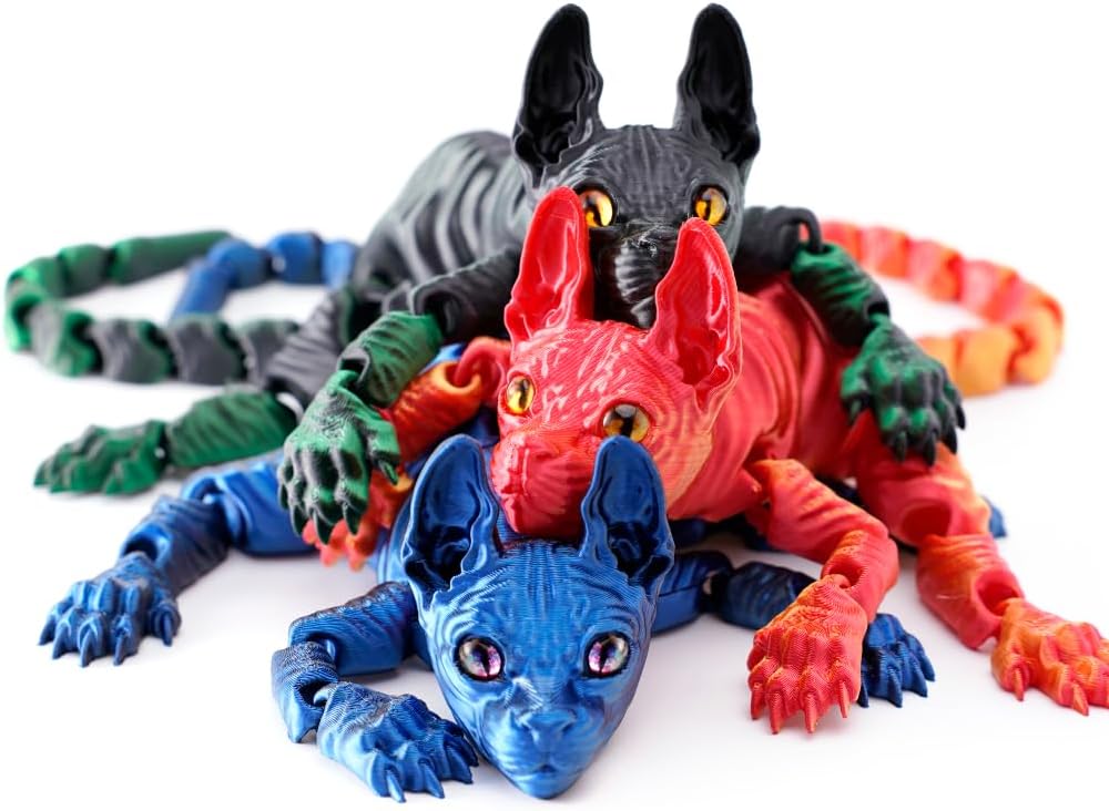 2PCS 3D Printed Sphynx Cat,Cat Figurine,Desk Toy, 3D Cat,Articulated Cats, Office Toy,Home Decor,Gift (Blue+Purple)