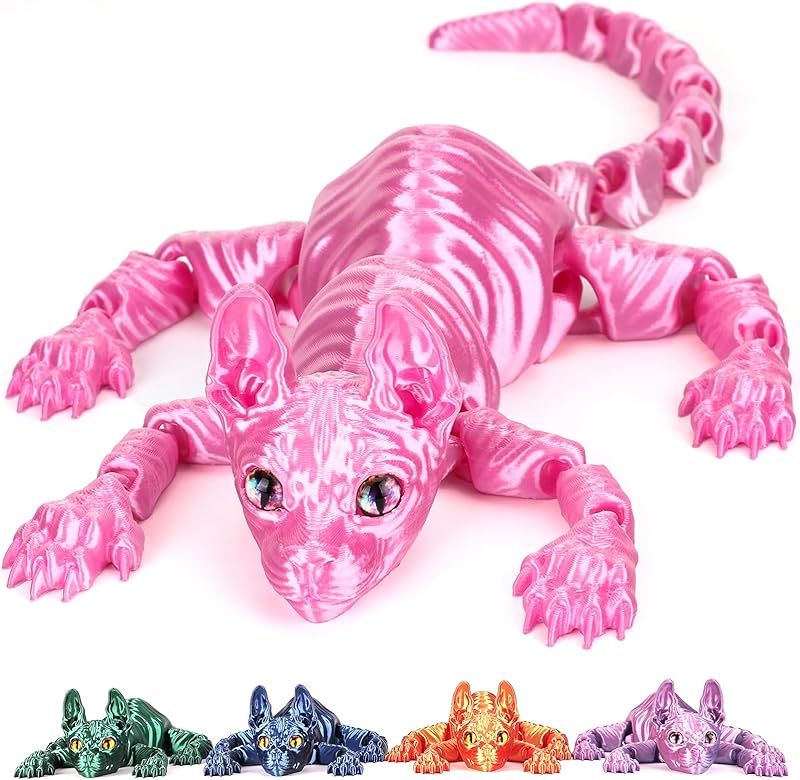 3D Printed Sphynx Cat, 12 Inch Realistic Hairless Cat,3D Printed Animals with Flexible Articulated Joints, Fidget Toy Adults for Stress Relief, Home Office Decor Desk Toys (Laser Red)