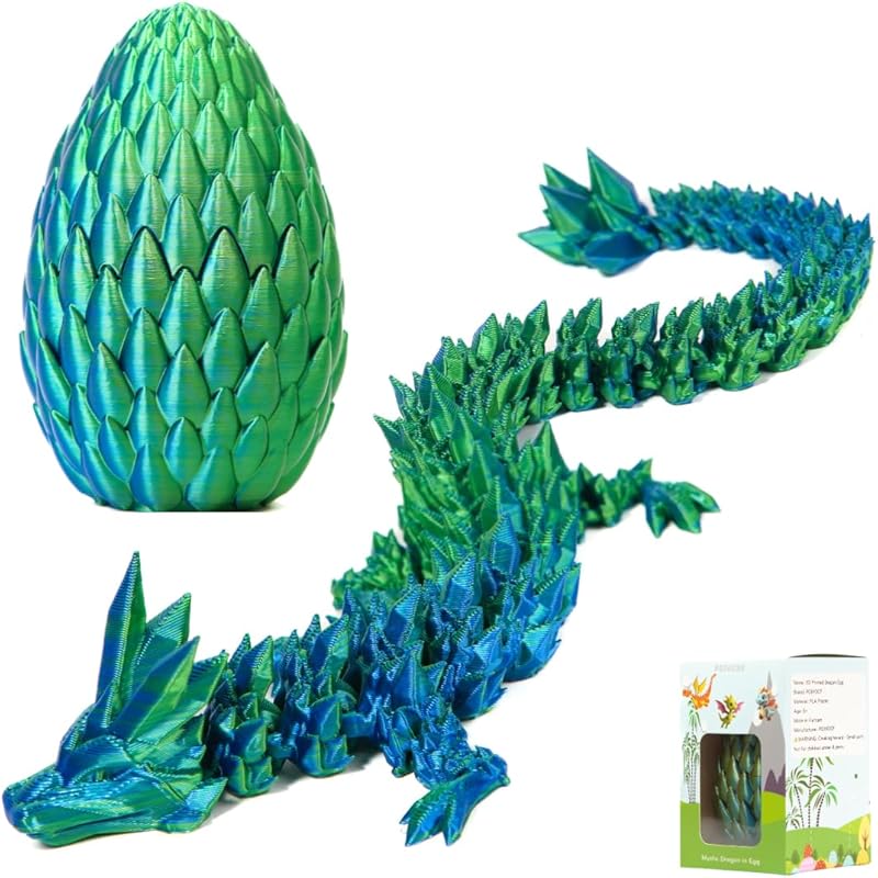 3D Printed 12” Articulated Crystal Dragon Inside 5.1” Egg – Fantasy Collectible, Fidget Toy & Stocking Easter Basket Stuffers for Home & Office Decor (Multicolor).