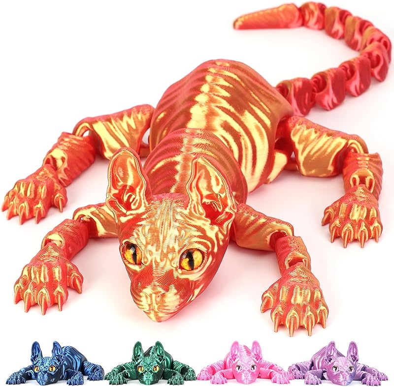 3D Printed Sphynx Cat, 12 Inch Realistic Hairless Cat,3D Printed Animals with Flexible Articulated Joints, Fidget Toy Adults for Stress Relief, Home Office Decor Desk Toys (Laser Red)