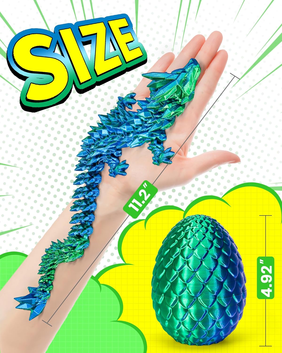 TBOLINE 12" 3D Printed Dragon Egg, Cool 3D Printer Articulated Crystal Dragon Toy for Boys Kid Teen, Animals Fidget Toy Dinosaur Eggs for 5-7 4-6 8-12 Year Old Boys Kid Girls