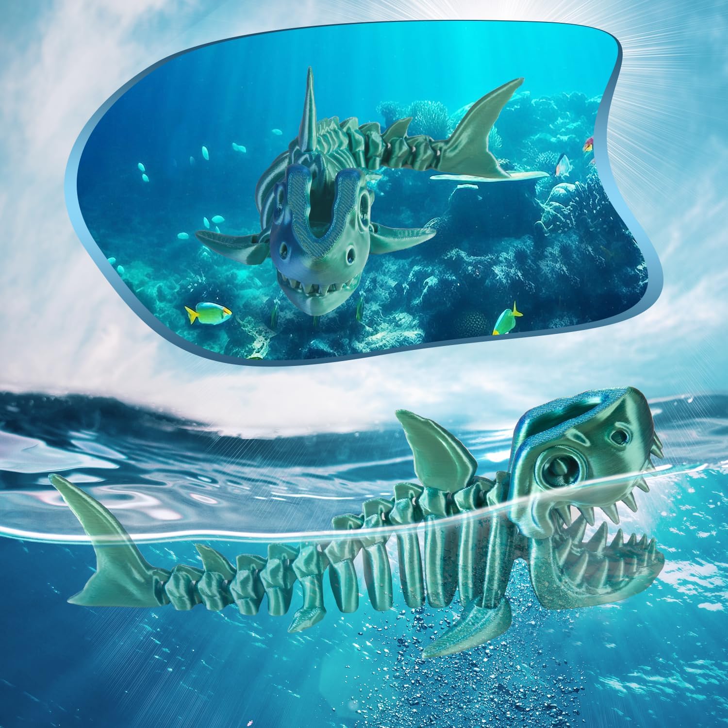 3D Printed Articulated Shark Toy – Fun Movable Skeleton Design for Desk Decor Fidget & Decompression Cute Rainbow Shark Model for Adults with Autism & ADHD Premium Quality（Green）
