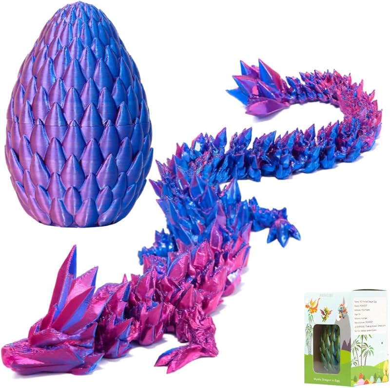 3D Printed 12” Articulated Crystal Dragon Inside 5.1” Egg – Fantasy Collectible, Fidget Toy & Stocking Easter Basket Stuffers for Home & Office Decor (Multicolor).