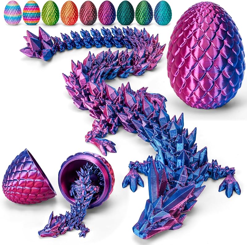 TBOLINE 12" 3D Printed Dragon Egg, Cool 3D Printer Articulated Crystal Dragon Toy for Boys Kid Teen, Animals Fidget Toy Dinosaur Eggs for 5-7 4-6 8-12 Year Old Boys Kid Girls