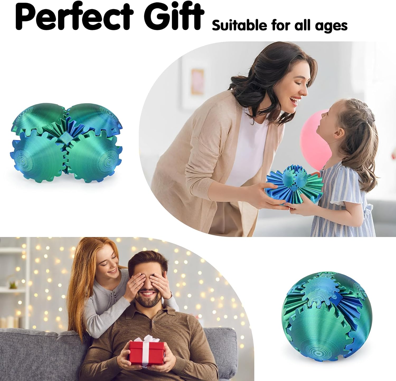 Gear Ball 3D Printed Cube Fidget Toy,Gear Sphere Fidget Toys,Sensory Toys for Stress and Anxiety Relief, Desk Toy Fidget Spinners,Stocking Stuffers for Adults & Kids Gift(Blue Green, 3.1 Inch)