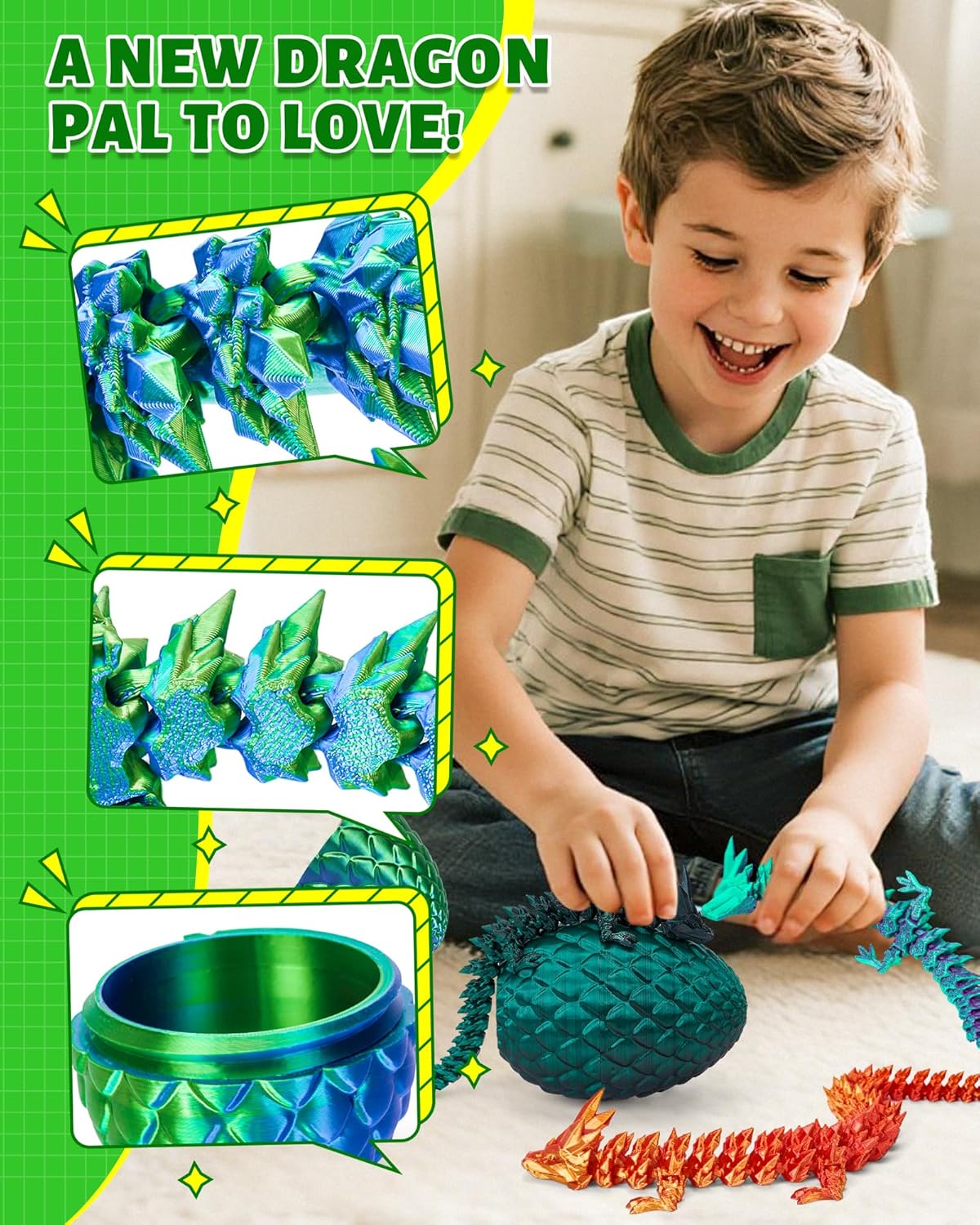 TBOLINE 12" 3D Printed Dragon Egg, Cool 3D Printer Articulated Crystal Dragon Toy for Boys Kid Teen, Animals Fidget Toy Dinosaur Eggs for 5-7 4-6 8-12 Year Old Boys Kid Girls