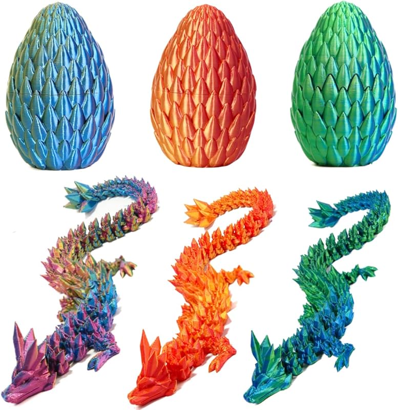 3D Printed 12” Articulated Crystal Dragon Inside 5.1” Egg – Fantasy Collectible, Fidget Toy & Stocking Easter Basket Stuffers for Home & Office Decor (Multicolor).