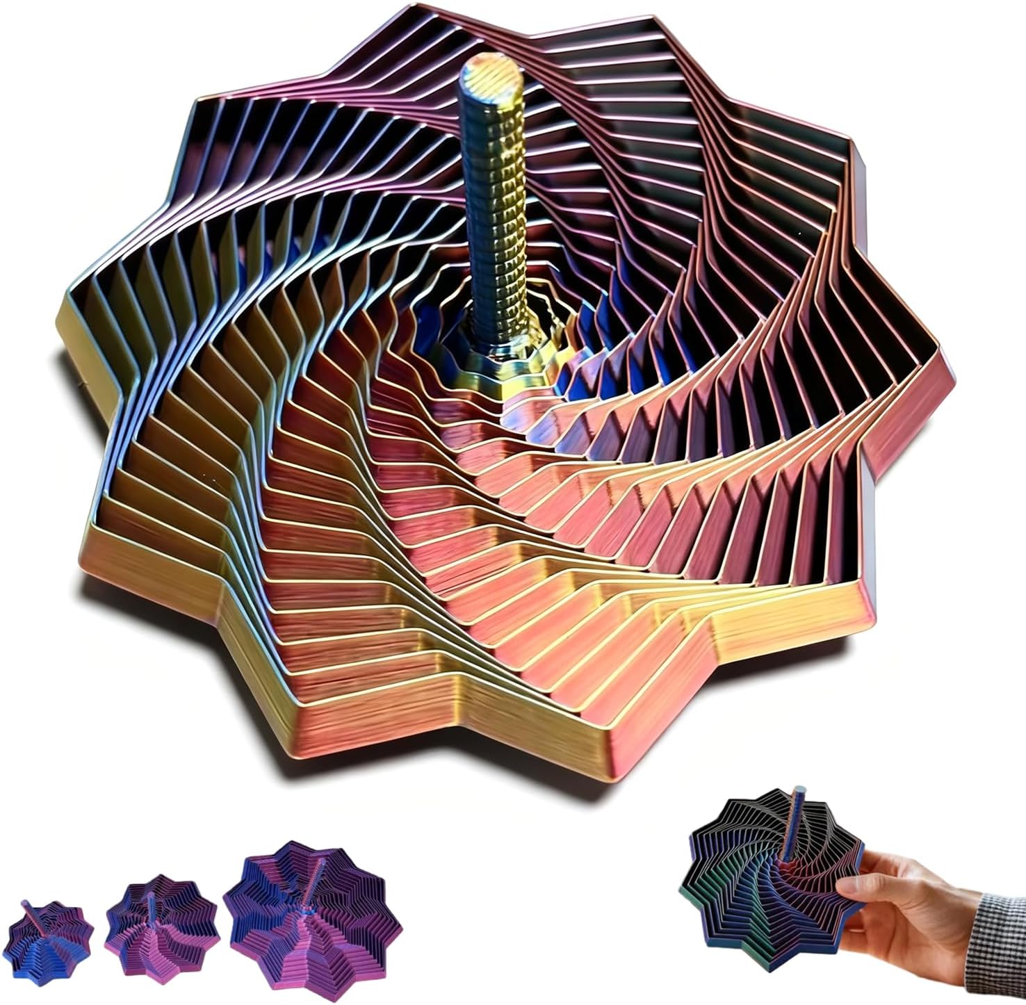 3D Printed Expanded Sensory Fidget Star, Stress-Relief Spinning Tower Toy, Colorful Fractal Fidget Hexagon with Handle for Perfect Christmas, Birthday Gifts (Orange-Red-Blue, Diameter 4.64in)